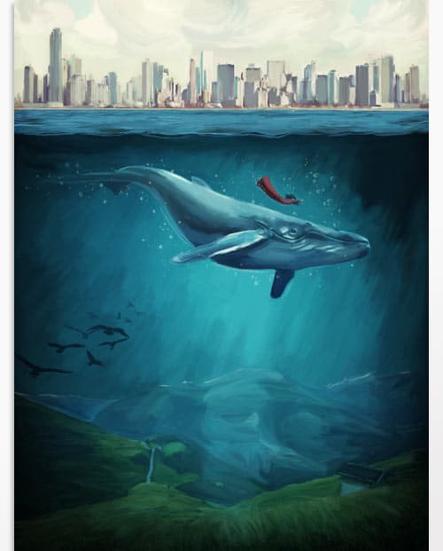 tableau mural style peinture numérique - la baleine bleue