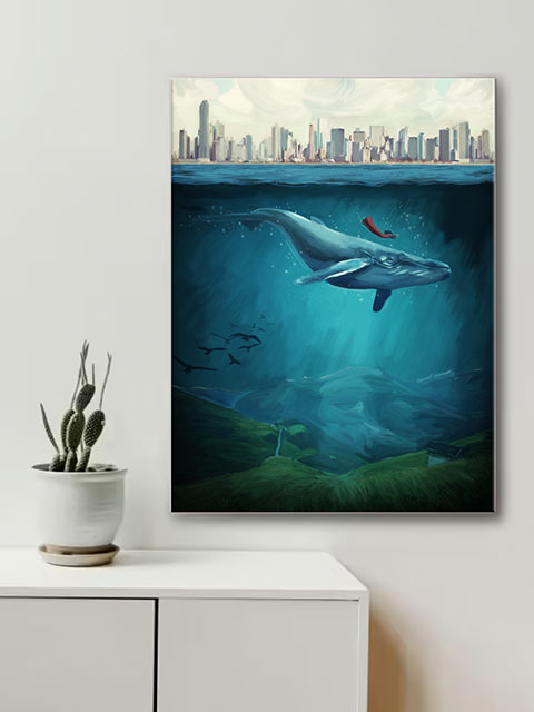 Décorer un mur blanc au-dessus d'un meuble avec un tableau original surréaliste